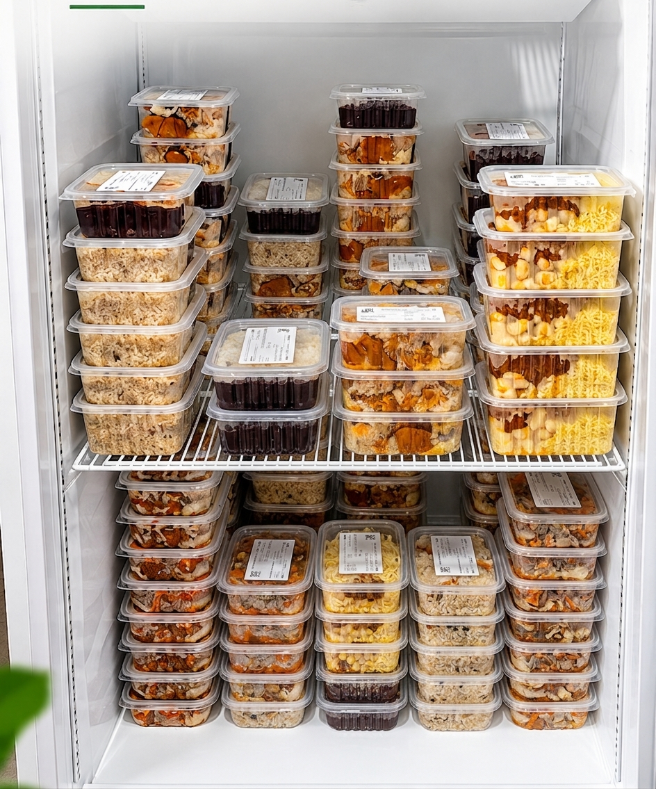 Freezer com as marmitas já porcionadas e etiquetadas, prontas para a semana
